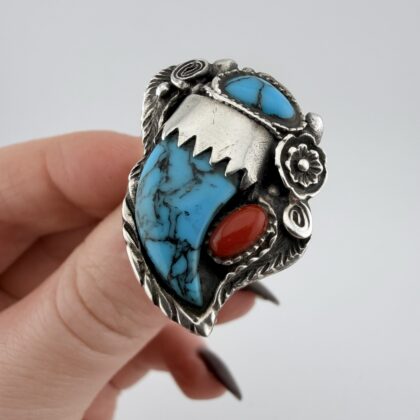 Vintage Native American Navajo Sterling Silver Silver and Turquoise Bear Claw Ring