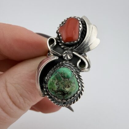 Vintage Native American Navajo Sterling Silver, Turquoise and Coral Ring