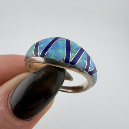 Native American Jennie Epaloos Sterling Silver, Opal and Lapis Lazuli Inlay Band Ring