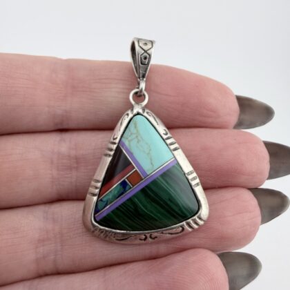 Native American Sterling Silver and Mixed Gemstone Inlay Pendant
