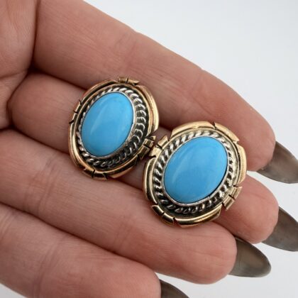 Vintage Russell Sam Native American Turquoise, Sterling Silver and Gold Filled Stud Earrings