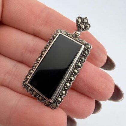 Vintage Art Deco Sterling Silver, Onyx and Marcasite Pendant
