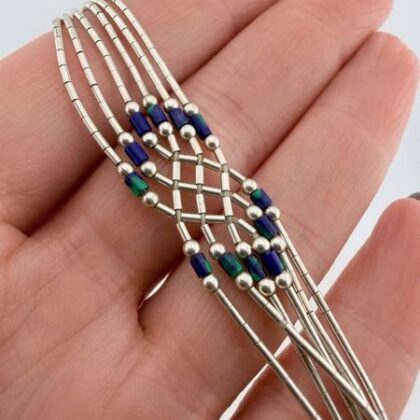 Native American Liquid Sterling Silver and Azurite Malachite Lattice Bracelet