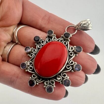 Vintage Ornate Sterling Silver Red Agate and Amethyst Pendant