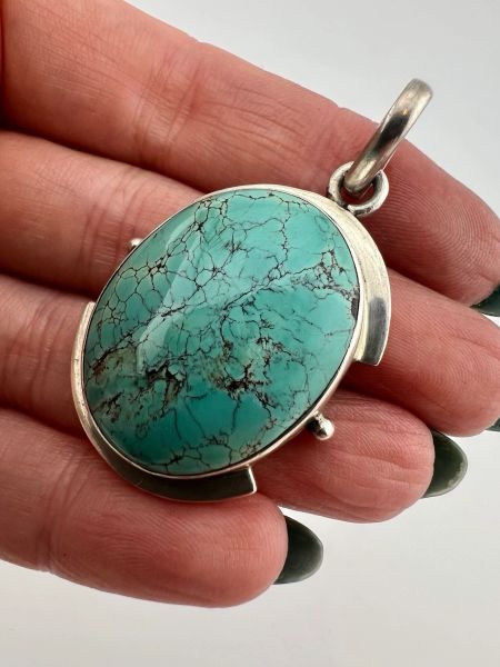 Large Vintage Modernist Sterling Silver and Turquoise Pendant