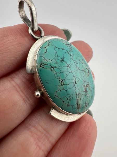 Large Vintage Modernist Sterling Silver and Turquoise Pendant - Image 2