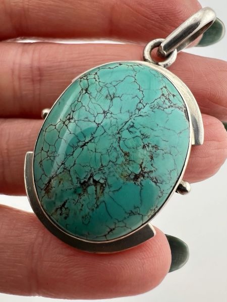 Large Vintage Modernist Sterling Silver and Turquoise Pendant - Image 3