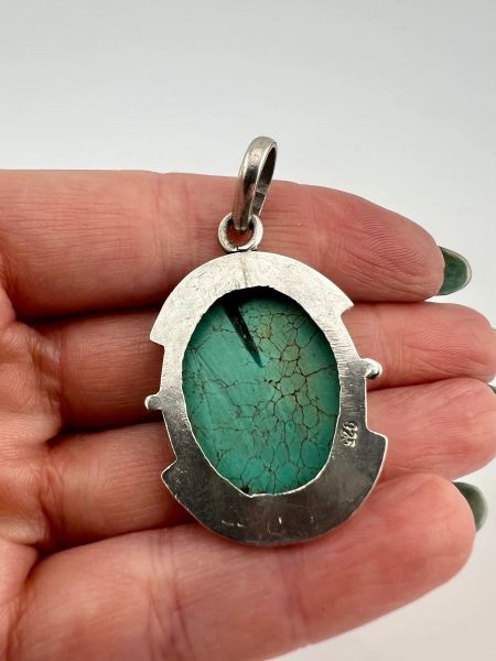 Large Vintage Modernist Sterling Silver and Turquoise Pendant - Image 4
