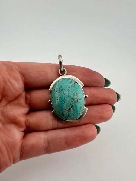 Large Vintage Modernist Sterling Silver and Turquoise Pendant - Image 5