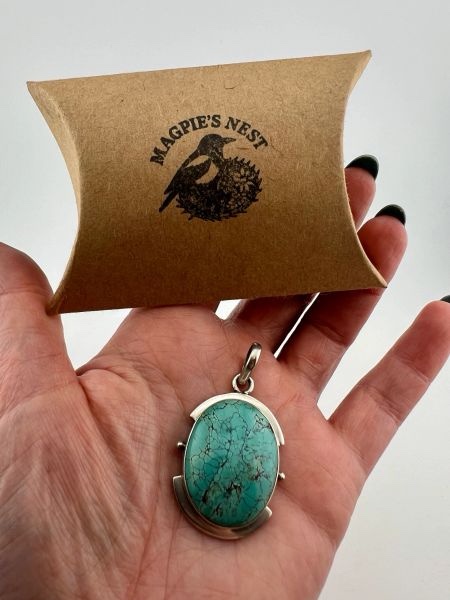 Large Vintage Modernist Sterling Silver and Turquoise Pendant - Image 6