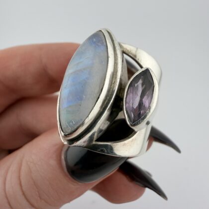 Vintage Sterling Silver, Moonstone and Amethyst Wide Band Ring