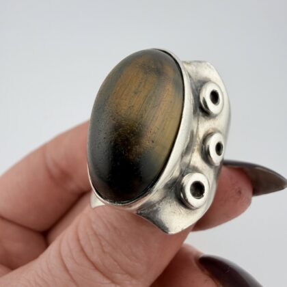 Large Vintage Brutalist Sterling Silver and Tigers Eye Ring