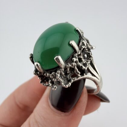 Vintage Brutalist Sterling Silver and Chrysoprase Ring