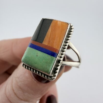 Vintage Native American Sterling Silver Multi Gemstone Inlay Ring