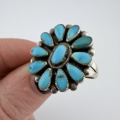 Native American Sterling Silver and Turquoise Needlepoint Flower Ring