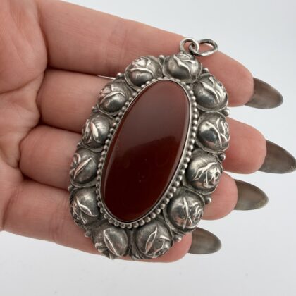 Large Vintage Continental Silver and Carnelian Rose Pendant