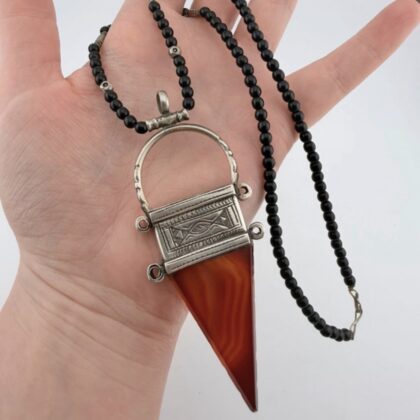 Moroccan Berber Sterling Silver and Agate Pendant with Beaded Necklace