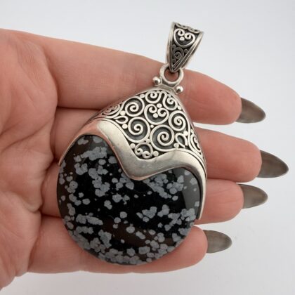 Large Suarti Sterling Silver and Snowflake Obsidian Pendant