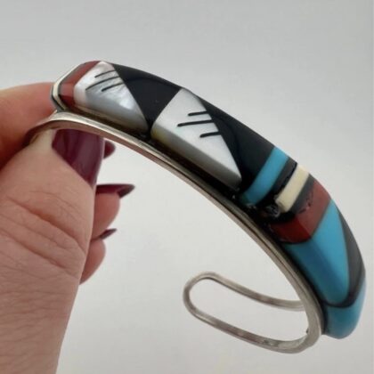 Vintage Native American Sterling Silver and Multi Gemstone Zuni Inlay Cuff Bracelet / Bangle