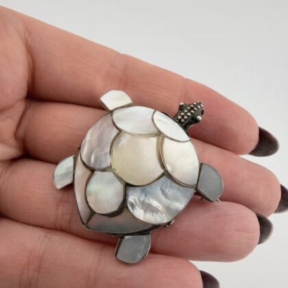 Vintage Sterling Silver and Mother of Pearl Turtle Pendant / Brooch