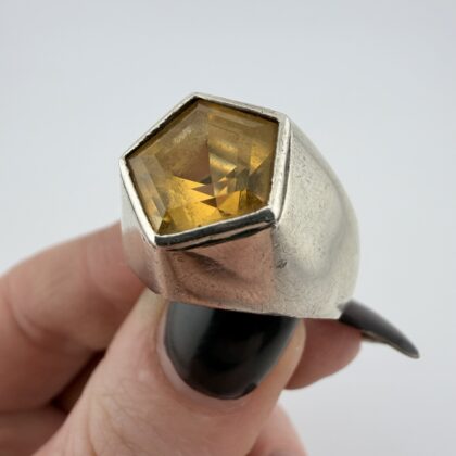 Vintage Modernist Sterling Silver and Hexagon Citrine Ring