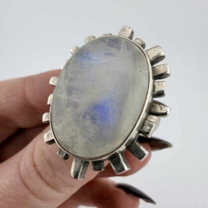 Chunky Modernist Sterling Silver and Moonstone Sunburst Ring
