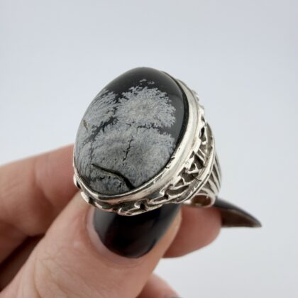 Vintage Art Deco Sterling Silver and Snowflake Obsidian Ring