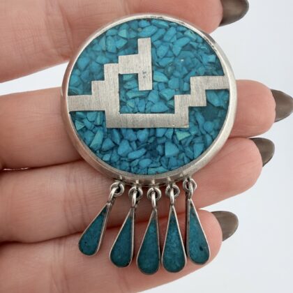 Vintage Mexican Sterling Silver and Turquoise Chip Brooch / Pendant