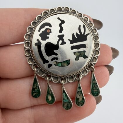 Vintage Mexican Sterling Silver Inlay Pendant / Brooch