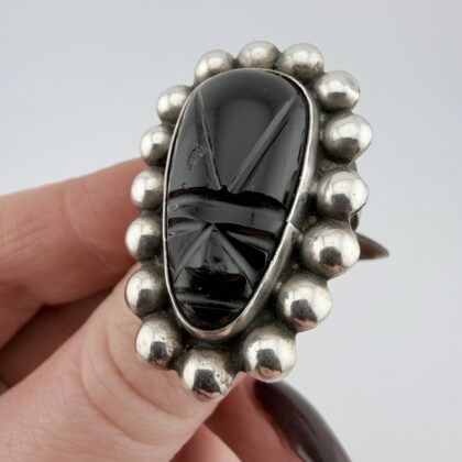 Vintage Ertenio Mexican Sterling Silver and Onyx Aztec Mask Ring