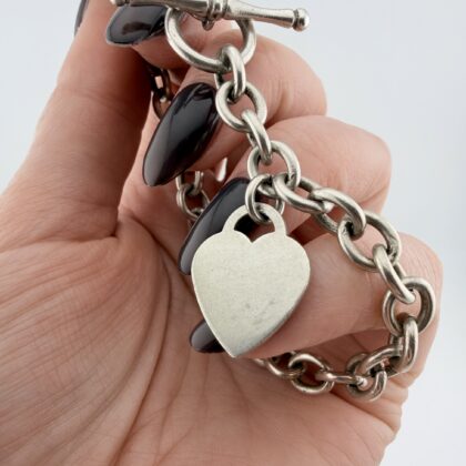 Vintage Sterling Silver Chunky Chain Love Heart Padlock Bracelet