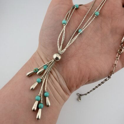 Vintage Liquid Sterling Silver and Turquoise Lariat Tassel Necklace