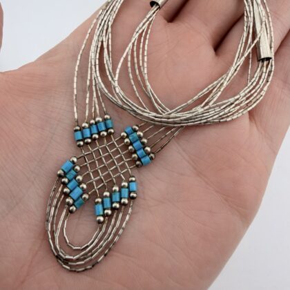 Vintage Native American Liquid Sterling Silver and Turquoise Lattice Necklace
