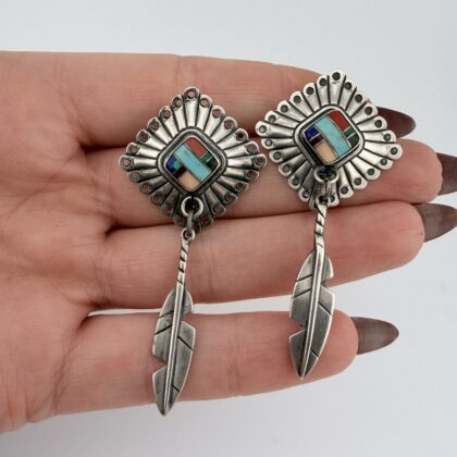 Vintage Quoc / Shubes Native American Sterling Silver and Mixed Gemstone Inlay Earrings