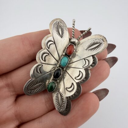 Vintage Native American Sterling Silver and Mixed Gemstone Butterfly / Moth Brooch / Pendant