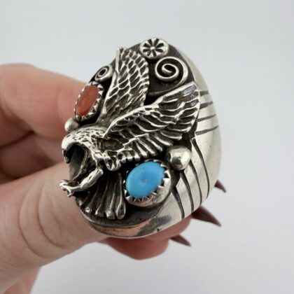 Vintage Native American Sterling Silver, Turquoise and Coral Eagle Ring
