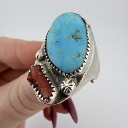 Vintage Native American Sterling Silver, Turquoise and Coral Ring