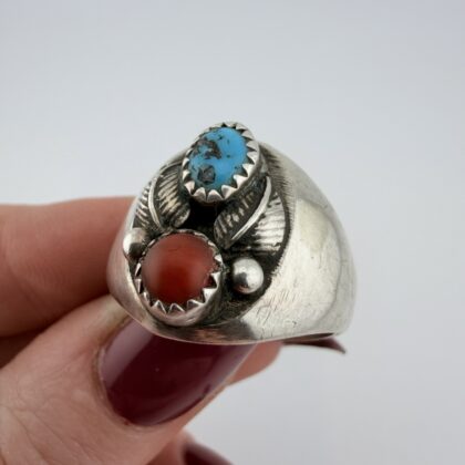 Vintage Native American Navajo Sterling Silver, Turquoise and Coral Ring
