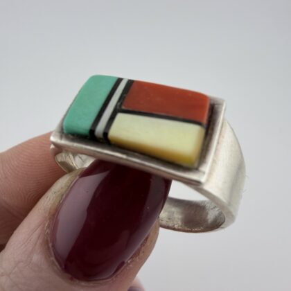 Vintage Native American Sterling Silver Multi Gemstone Inlay Ring
