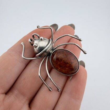 Vintage Sterling Silver and Baltic Amber Spider/Bug Brooch/Pendant