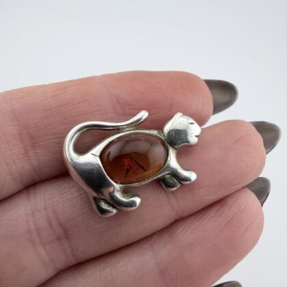 Vintage Sterling Silver and Baltic Amber Cat/Kitten Brooch