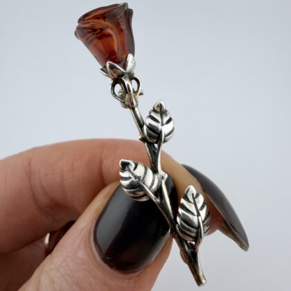 Vintage Sterling Silver and Carved Amber Rose Brooch
