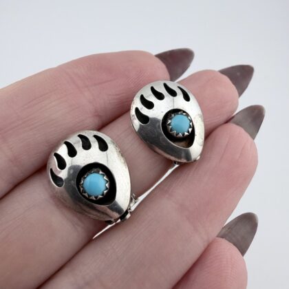 Vintage Native American Sterling Silver and Turquoise Bear Paw Clip-On Earrings