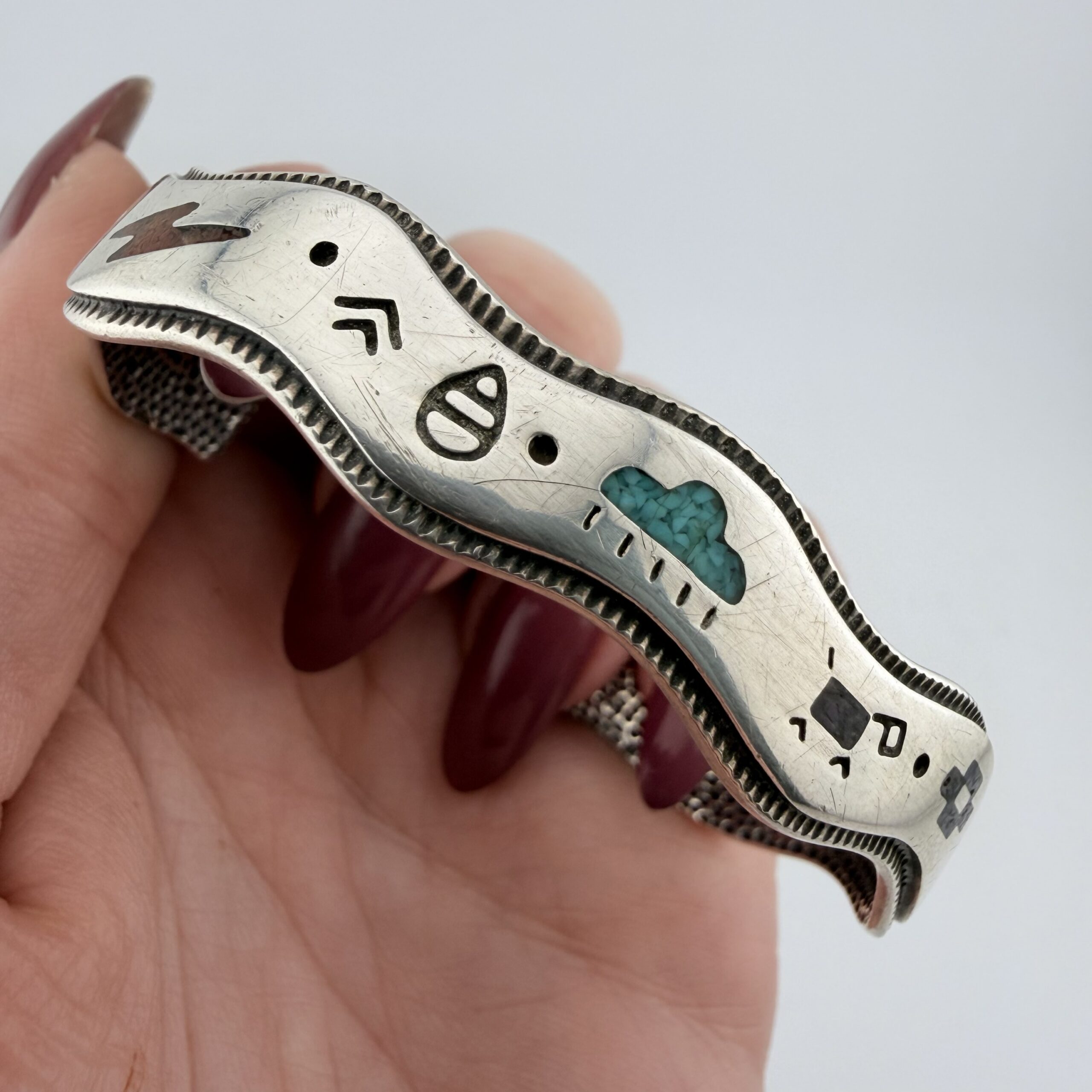 Vintage Old Carlisle Native American Sterling Silver Story Teller Cuff Bracelet - Image 2