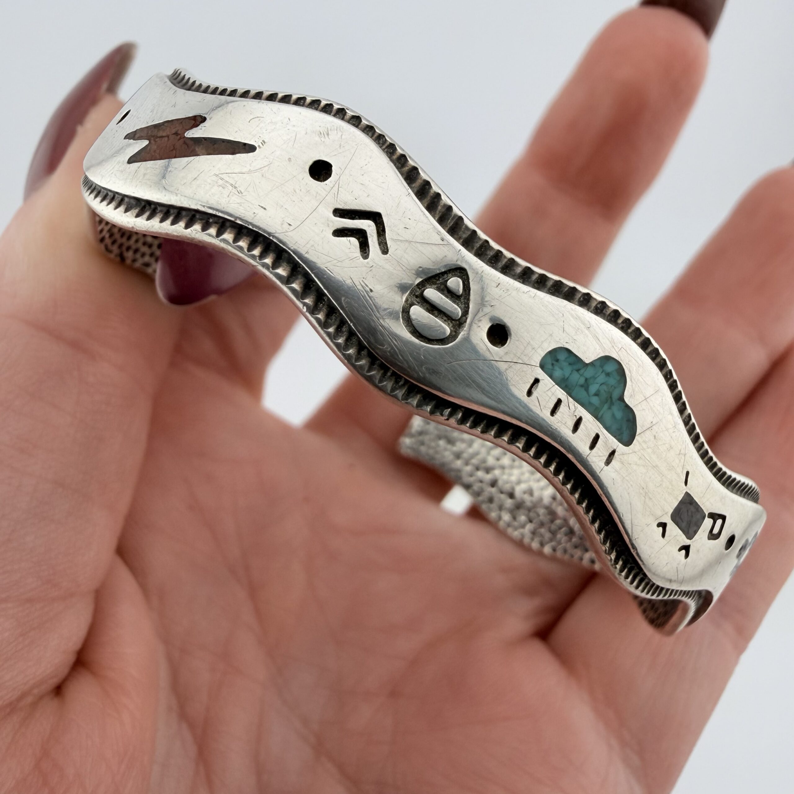 Vintage Old Carlisle Native American Sterling Silver Story Teller Cuff Bracelet - Image 4