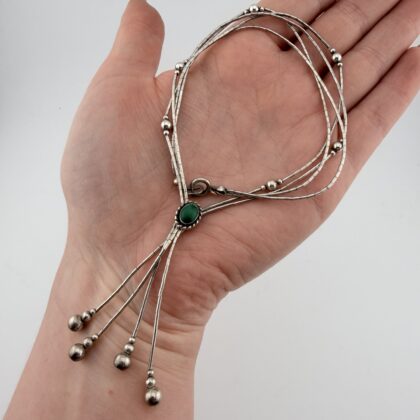 Vintage Quoc Liquid Sterling Silver and Malachite Lariat Tassel Necklace