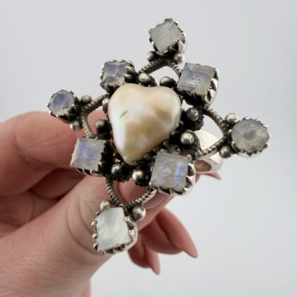 Large Vintage Sterling Silver, Moonstone and Pearl Statement Ring