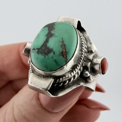Vintage Tibetan Sterling Silver, Turquoise and Coral Saddle Ring