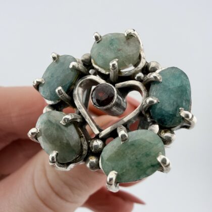 Vintage Artisan Sterling Silver, Emerald and Garnet Statement Ring