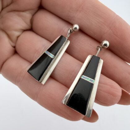 Vintage Native American Brenda Pete Sterling Silver, Onyx and Opal Dangly Earrings